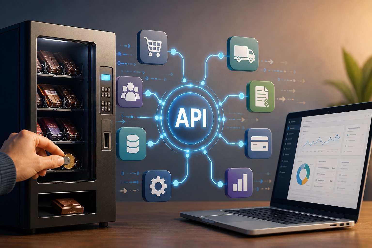 API kapcsolat működése csokiautomata-hasonlattal: pénzérme bedobása, webshop-ikonok és laptop – Summa Development