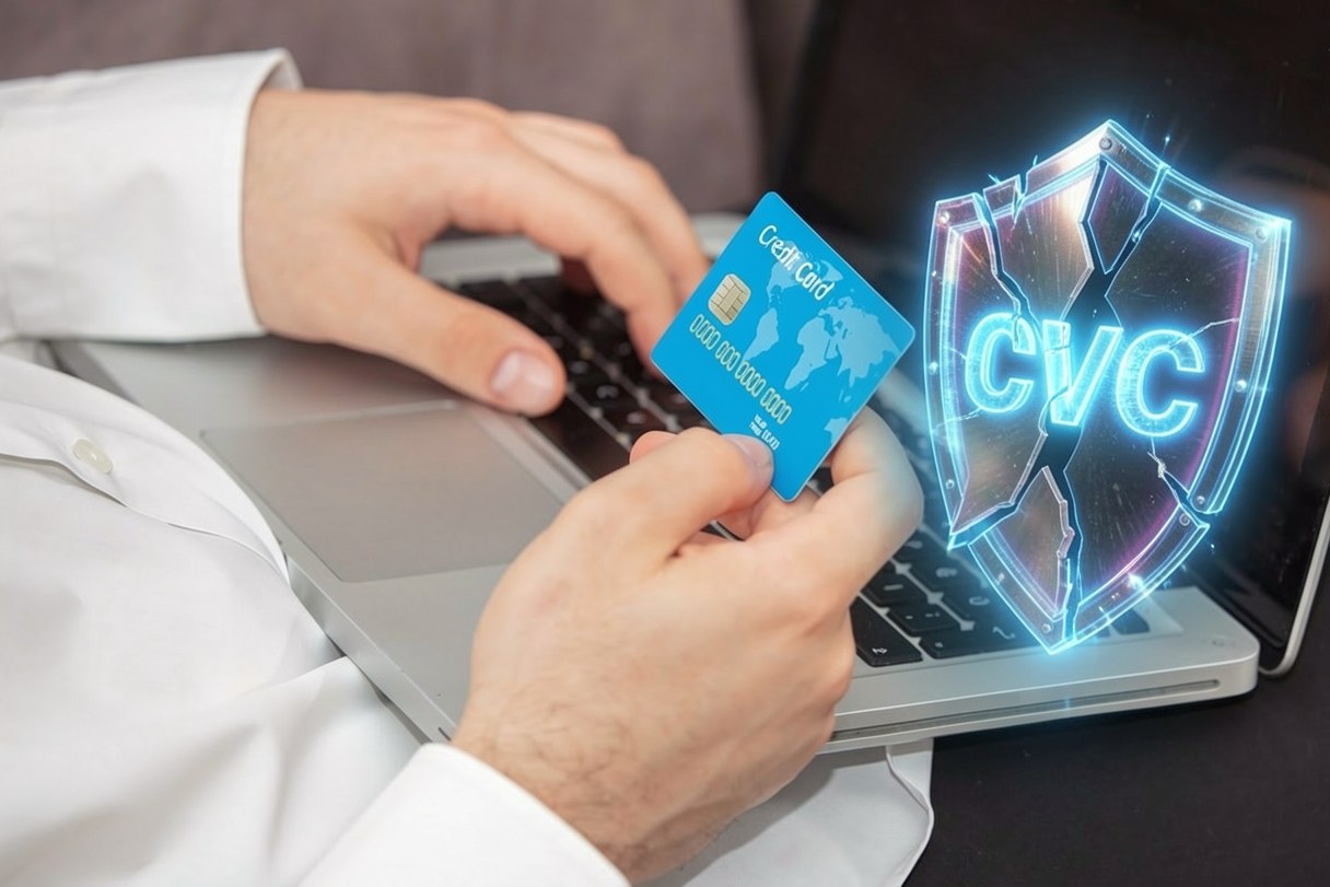 Kézben tartott bankkártya laptop előtt, mellette megrepedt CVC feliratú pajzs