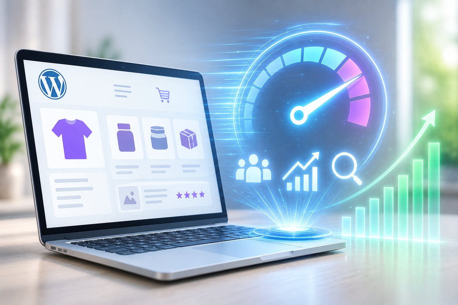 Laptopon futó WordPress webshop, mellette világító sebességmérő és emelkedő forgalmi grafikon