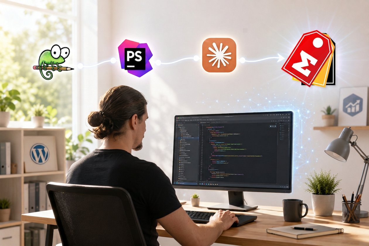 Fejlesztő a monitor előtt kódot ír, felette a Notepad++, a PhpStorm, a Claude AI és a Summa Pricing logójából álló idővonal