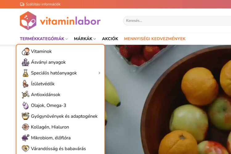 A vitaminlabor.hu fejléce a kinyitott termékkategória-menüvel, minden kategória mellett saját ikonnal