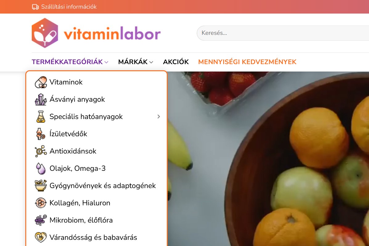 A vitaminlabor.hu fejléce a kinyitott termékkategória-menüvel, minden kategória mellett saját ikonnal